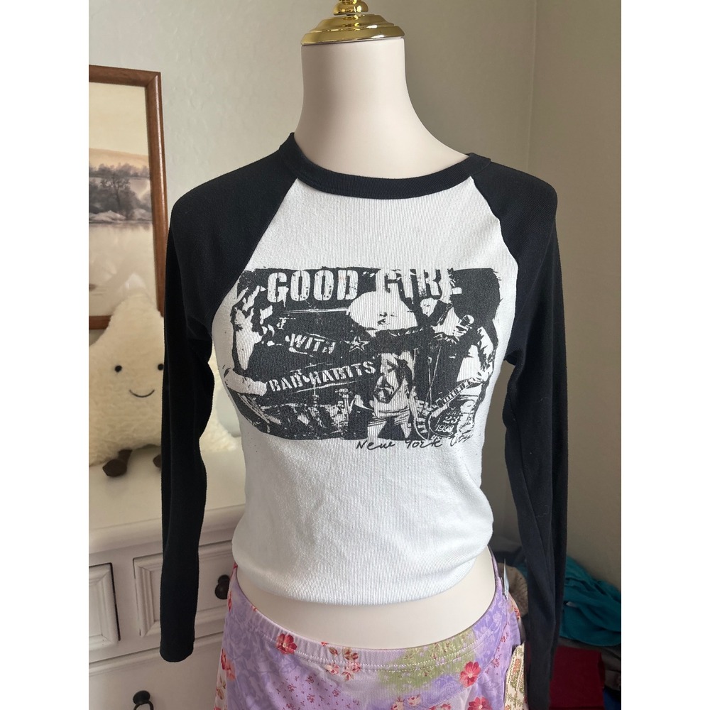 Y2K Grunge Graphic Tee Raglan Baseball Shirt Full Tilt Good Girl Bad Habits NYC